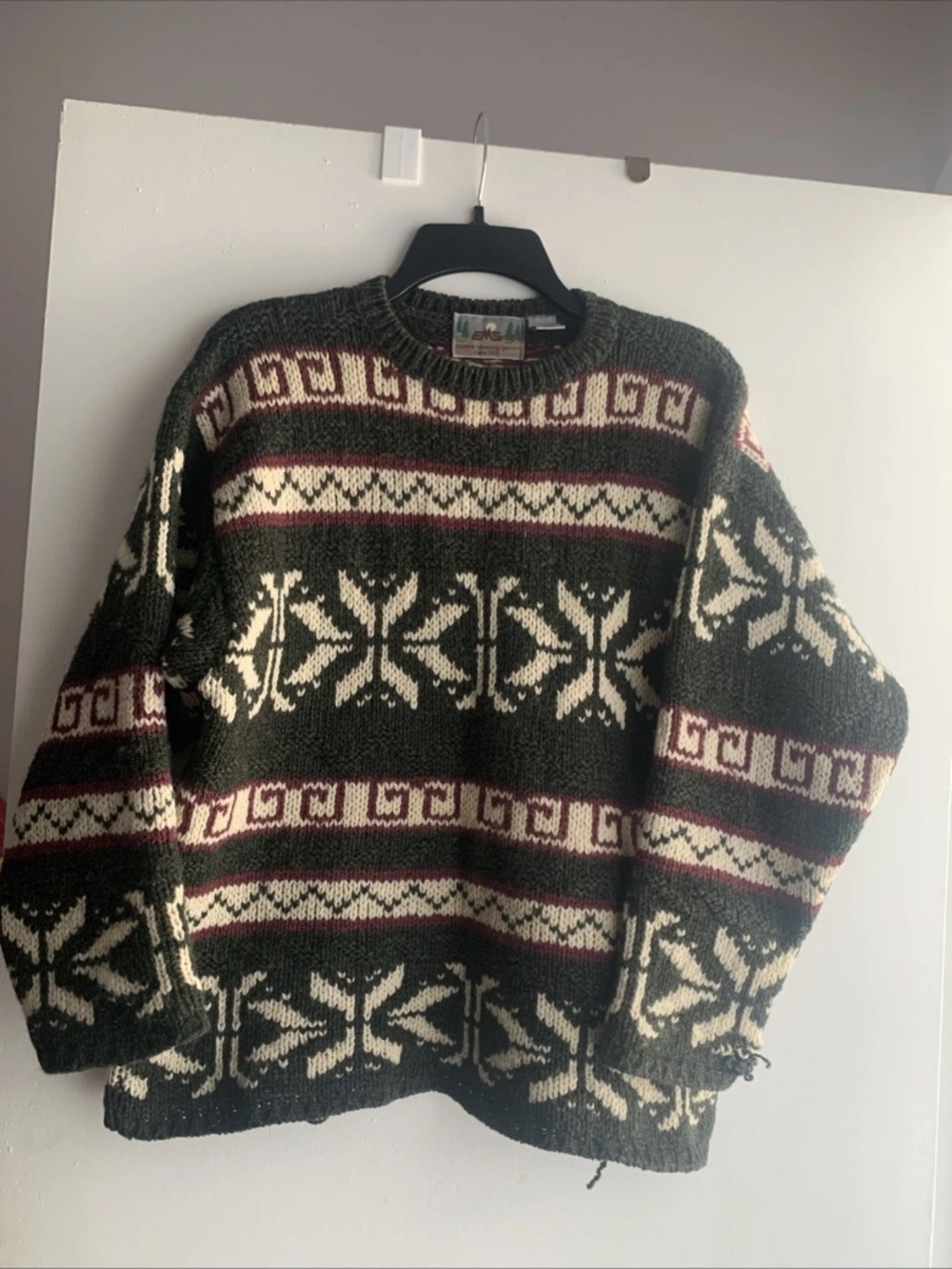 Eastern Mountain Sports Olive Green Fair Isle Crewneck Sweater Made in Scotland